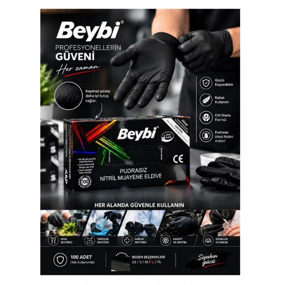 BEYBİ Pudrasız Siyah Nitril Muayene Eldiveni-100'lü X 20 =1 KOLİ